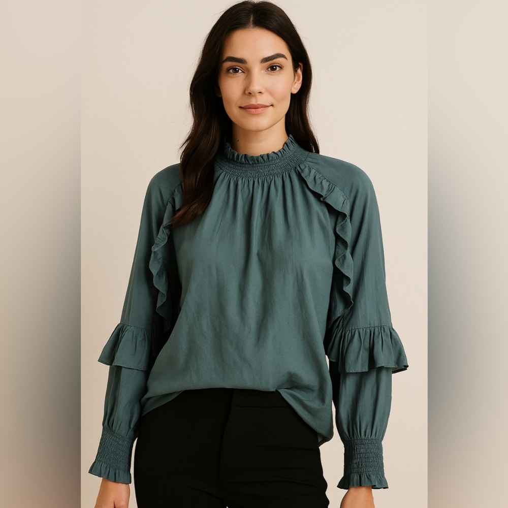 PROMOD Elegant Teal Ruffle Blouse